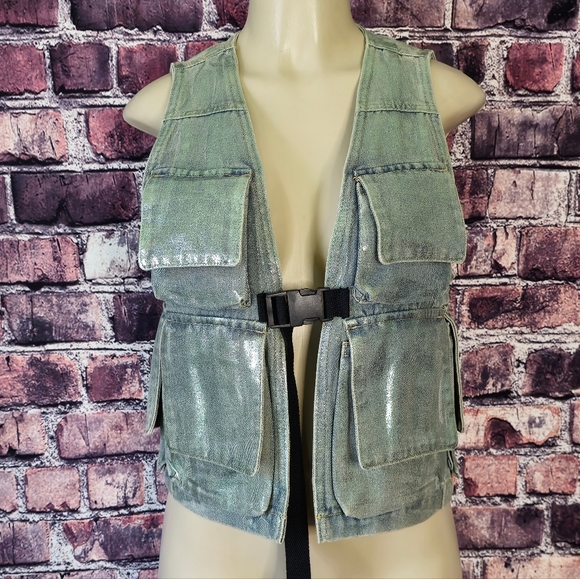Green Metallic Denim Utility Pocket Vest - Picture 1 of 13